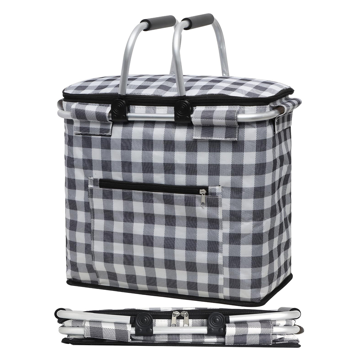 40L Insulated Picnic Basket, Black Plaid Insulated Collapsible Picnic Cooler Basket with Lid & 2 Handles, for Camping, Travel, Grocery & Food Delivery