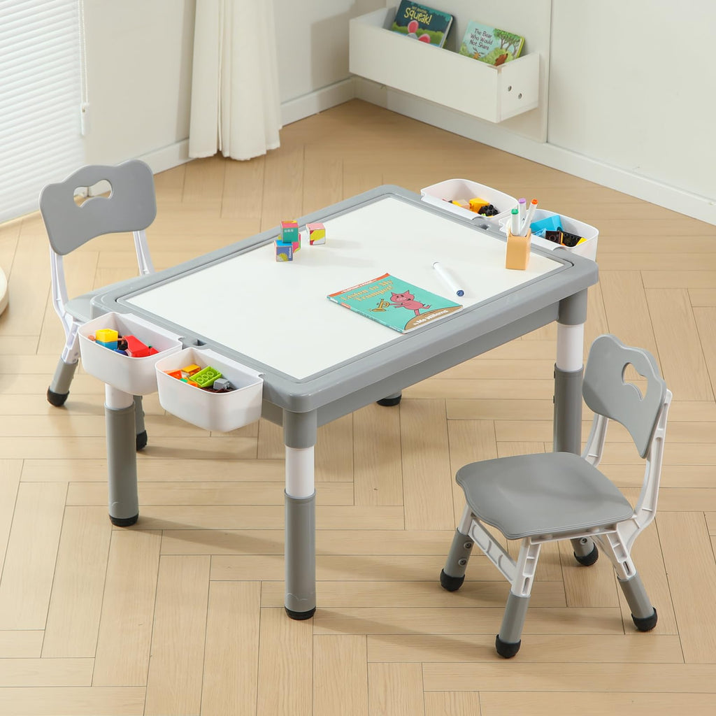 4-in-1 Toddler Activity Table with 2 Chairs, Double Sided Tabletop for Graffiti & Building Blocks, Kids Play Set with Four Side Storage Bins,Gray