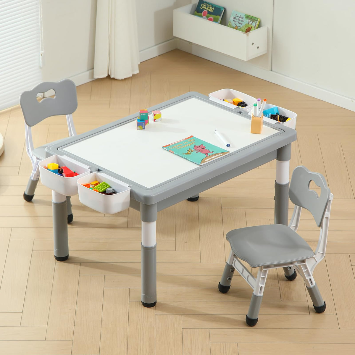 4-in-1 Toddler Activity Table with 2 Chairs, Double Sided Tabletop for Graffiti & Building Blocks, Kids Play Set with Four Side Storage Bins,Blue