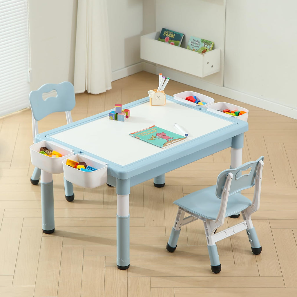 4-in-1 Toddler Activity Table with 2 Chairs, Double Sided Tabletop for Graffiti & Building Blocks, Kids Play Set with Four Side Storage Bins,Brown