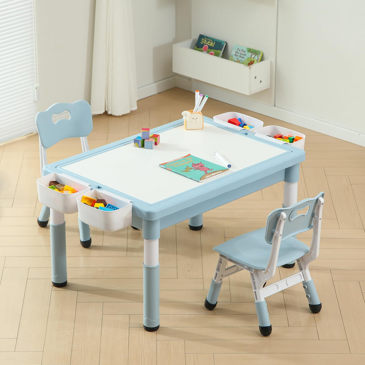 4-in-1 Toddler Activity Table with 2 Chairs, Double Sided Tabletop for Graffiti & Building Blocks, Kids Play Set with Four Side Storage Bins,Blue