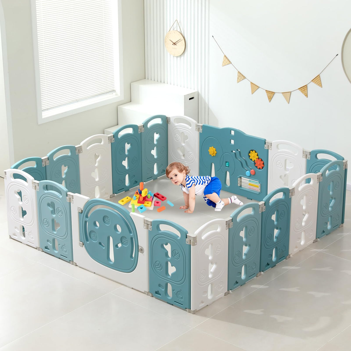 14-Panel Portable Plastic Playpen,Safe Activity Fence for Toddlers,Gray