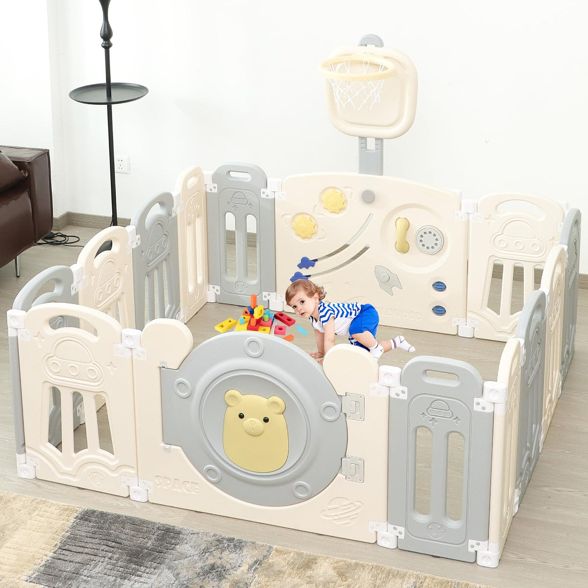 18-Panel Foldable Baby Playpen Equipped with Lock Gate and Adjustable Basketball Hoop Game Panel,Indoor Outdoor Safe Toddler Activity Fence,Gray White