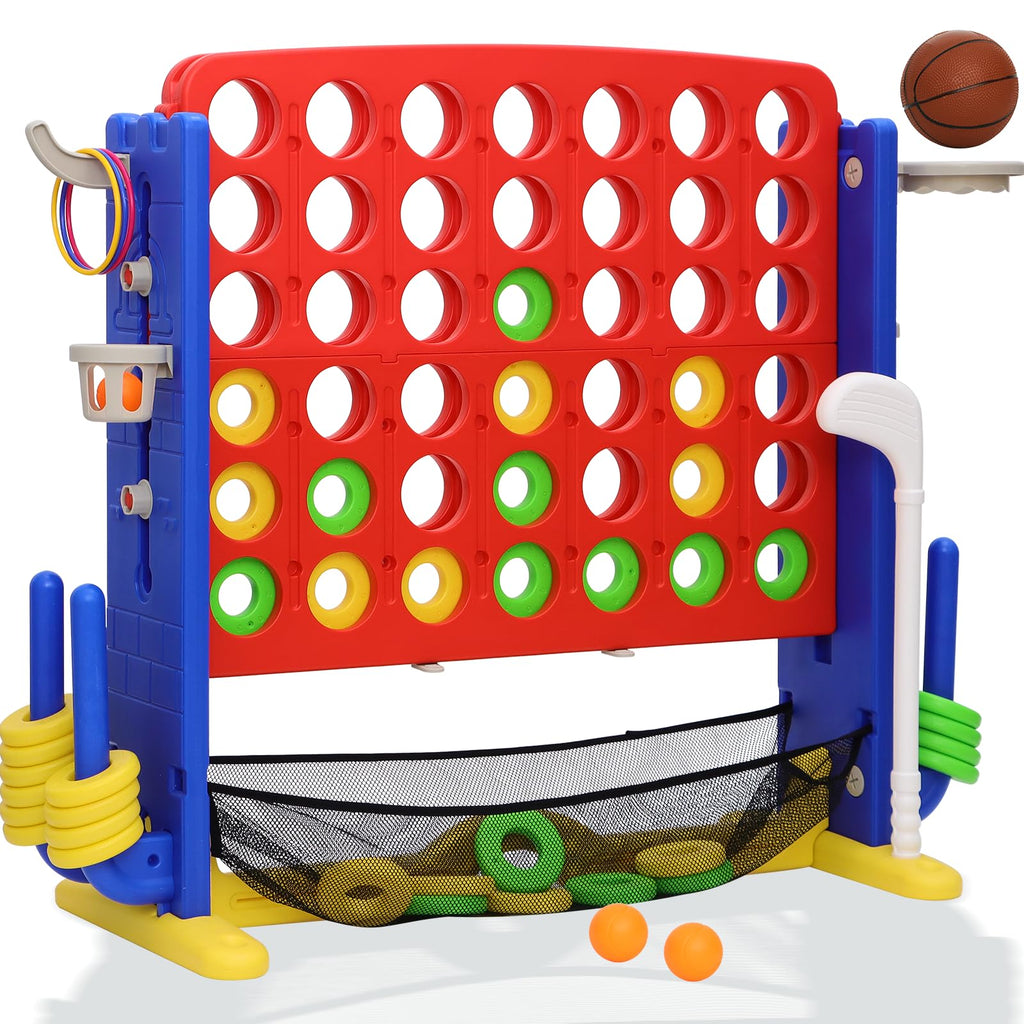 Jumbo 4-to-Score Connect Game with Height Adjustment, Multi-Game Set Including Golf, Basketball Hoop, Ring Toss & Mesh Bag,Green