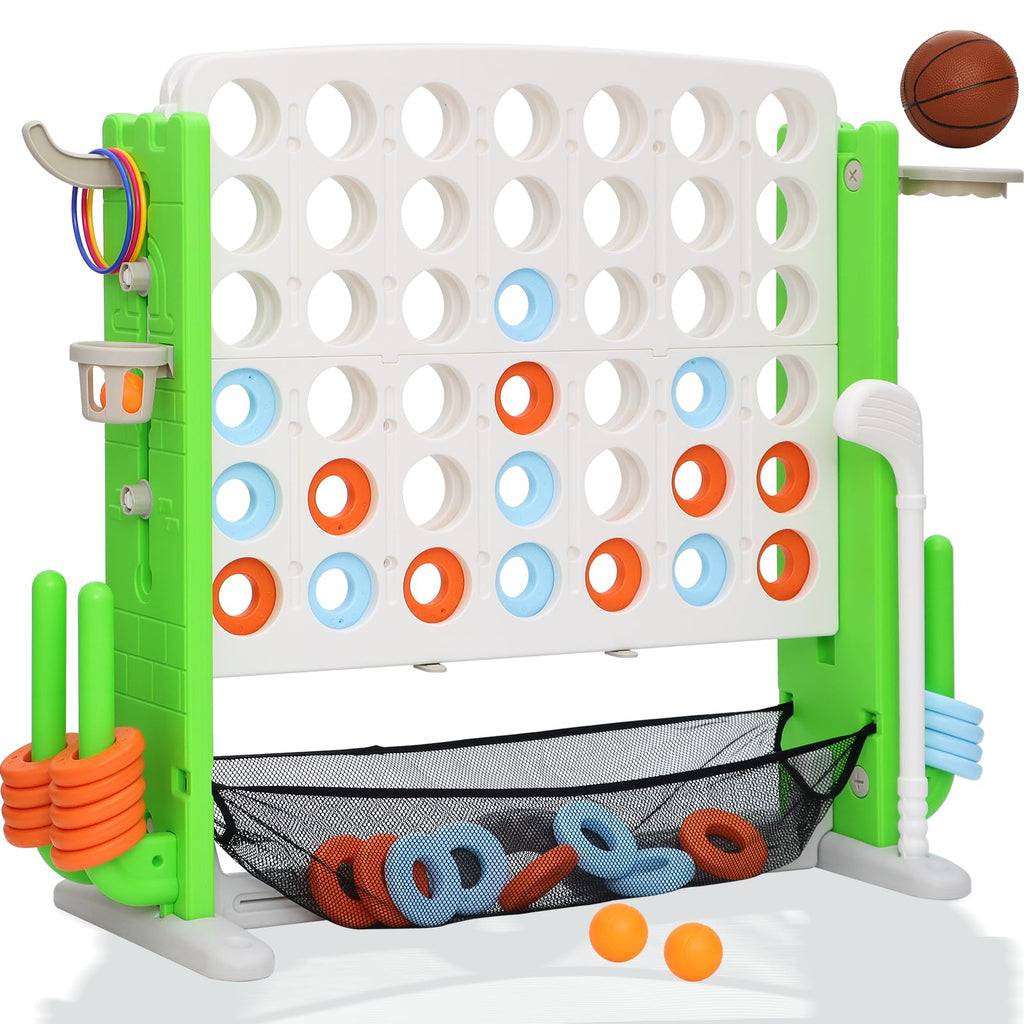 Jumbo 4-to-Score Connect Game with Height Adjustment, Multi-Game Set Including Golf, Basketball Hoop, Ring Toss & Mesh Bag,Red