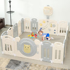 14-Panel Foldable Toddler Playpen with Locked Gate&Height Adjustable Basketball Hoop Game Board,Multi-scene Indoor Outdoor Baby Activity Fence,Gray White