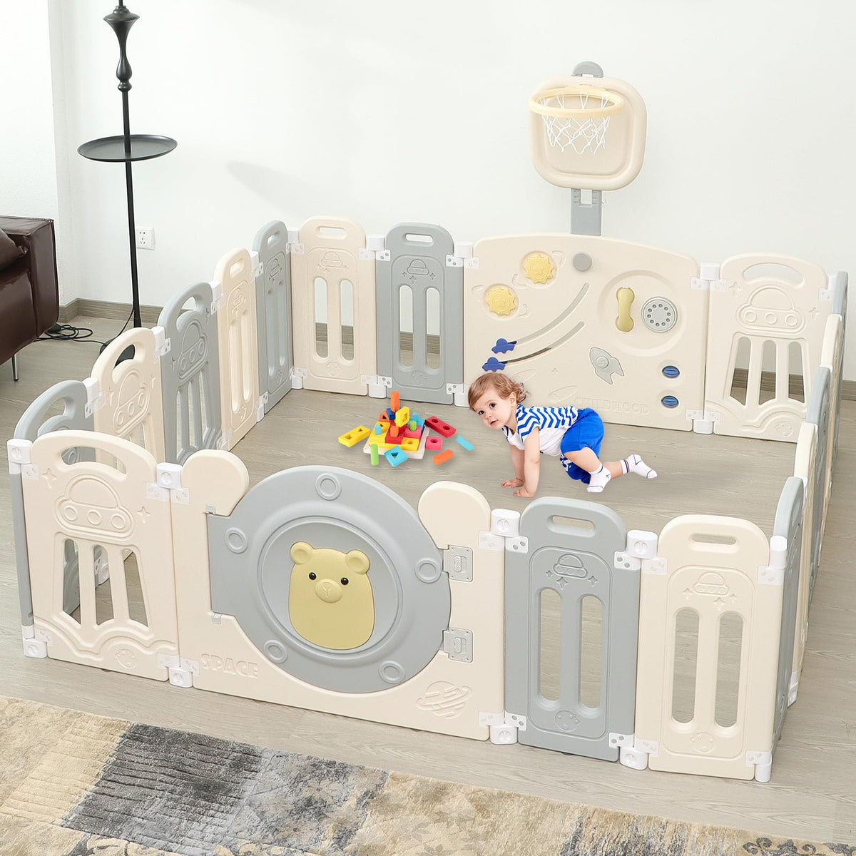 18-Panel Foldable Baby Playpen Equipped with Lock Gate and Adjustable Basketball Hoop Game Panel,Indoor Outdoor Safe Toddler Activity Fence,Gray White