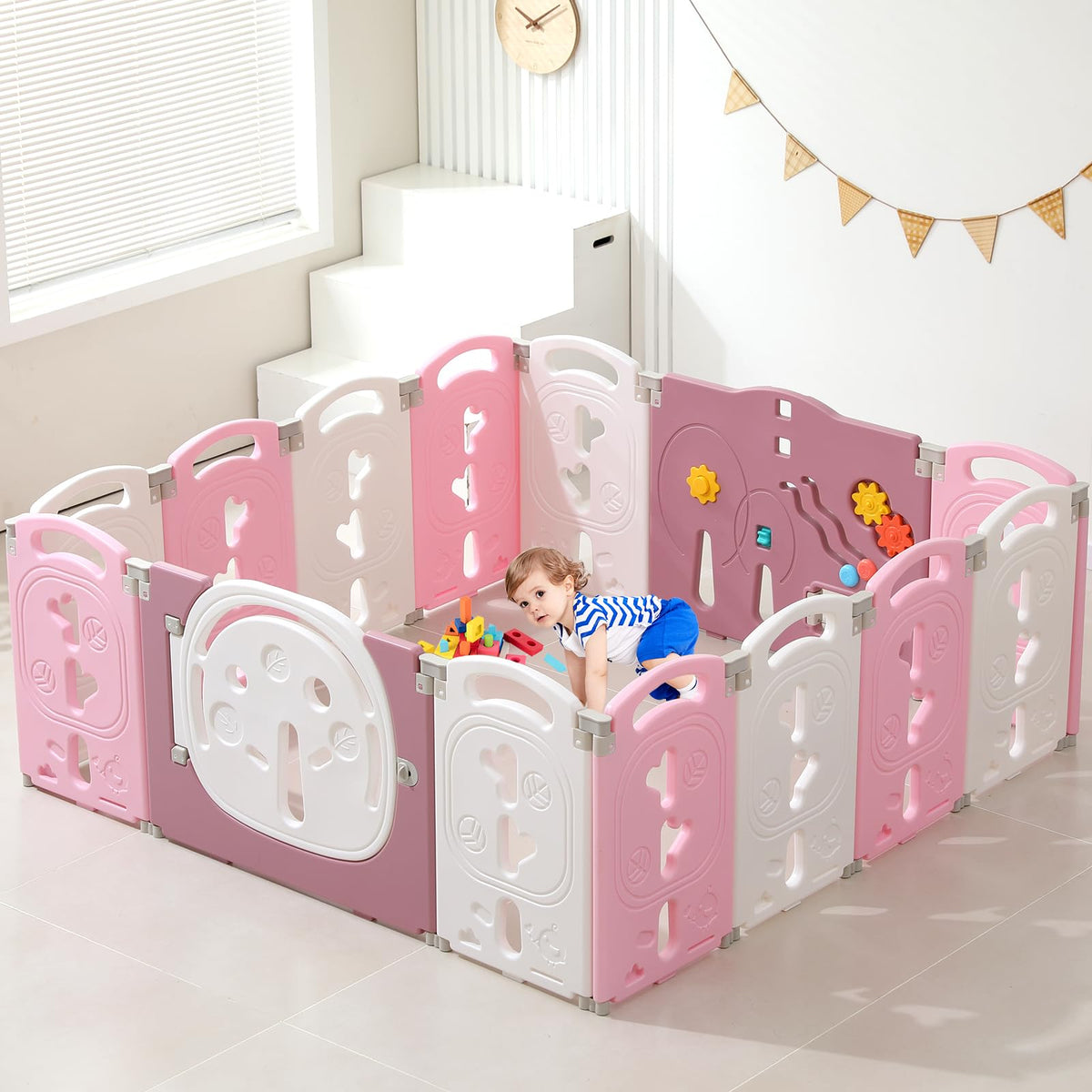 18-Panel Portable Plastic Playpen,Safe Activity Fence for Toddlers,Pink