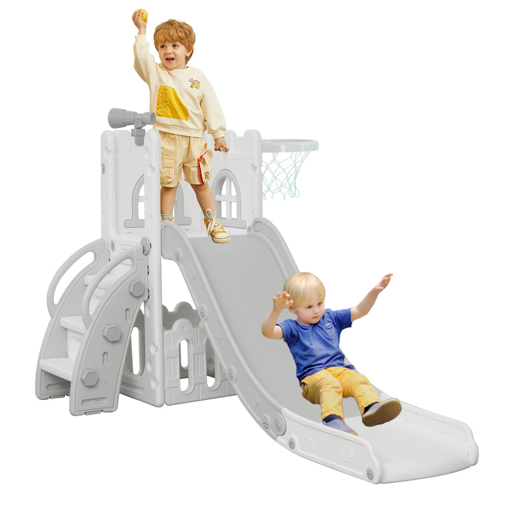 6-in-1 Toddler Slide Play Set for Ages 1–3,Multi-Functional Indoor Outdoor Kids Slide with Basketball Hoop&Telescope,L-Shaped Children Slidem,Pink