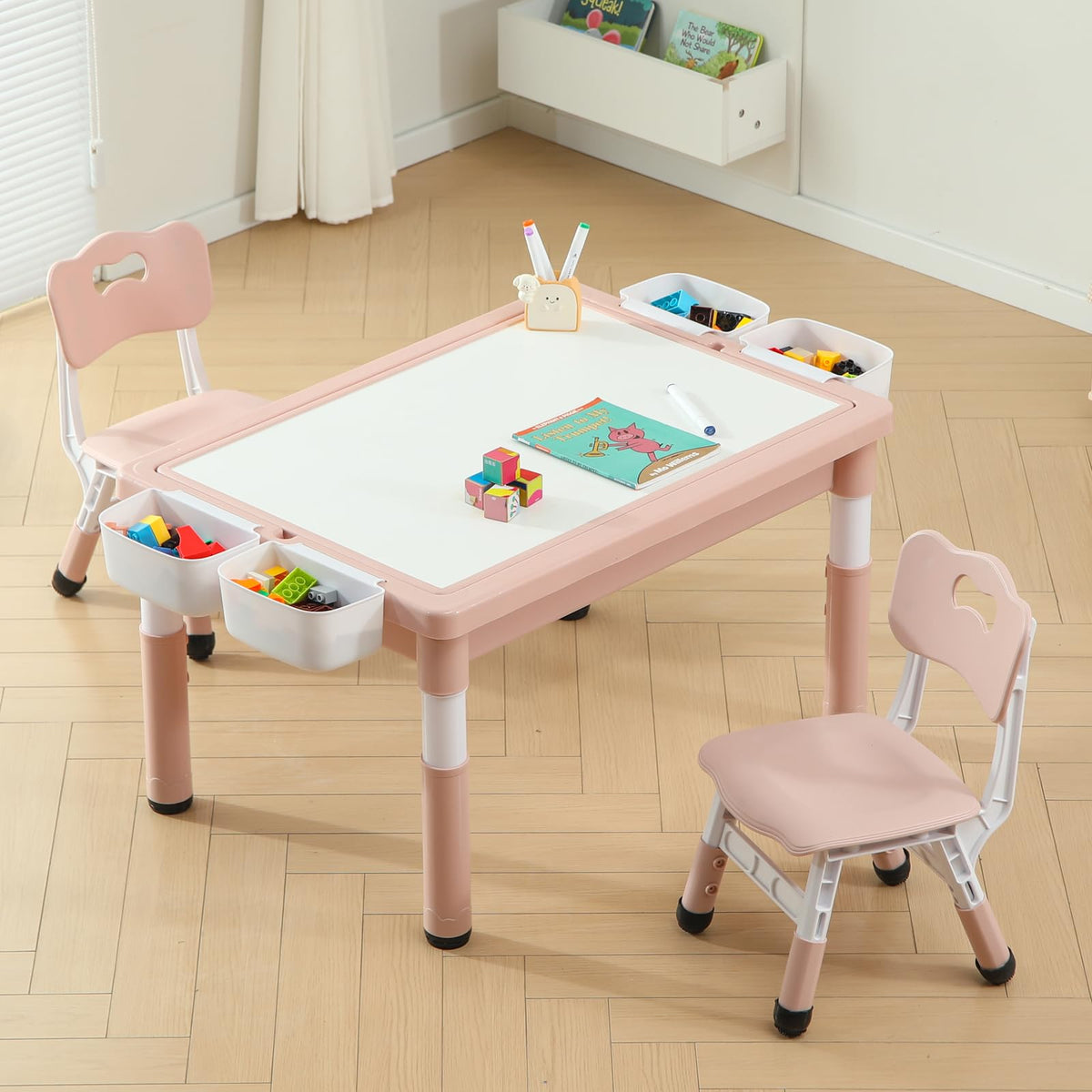 4-in-1 Toddler Activity Table with 2 Chairs, Double Sided Tabletop for Graffiti & Building Blocks, Kids Play Set with Four Side Storage Bins,Brown