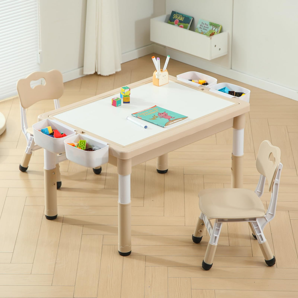 4-in-1 Toddler Activity Table with 2 Chairs, Double Sided Tabletop for Graffiti & Building Blocks, Kids Play Set with Four Side Storage Bins,Gray