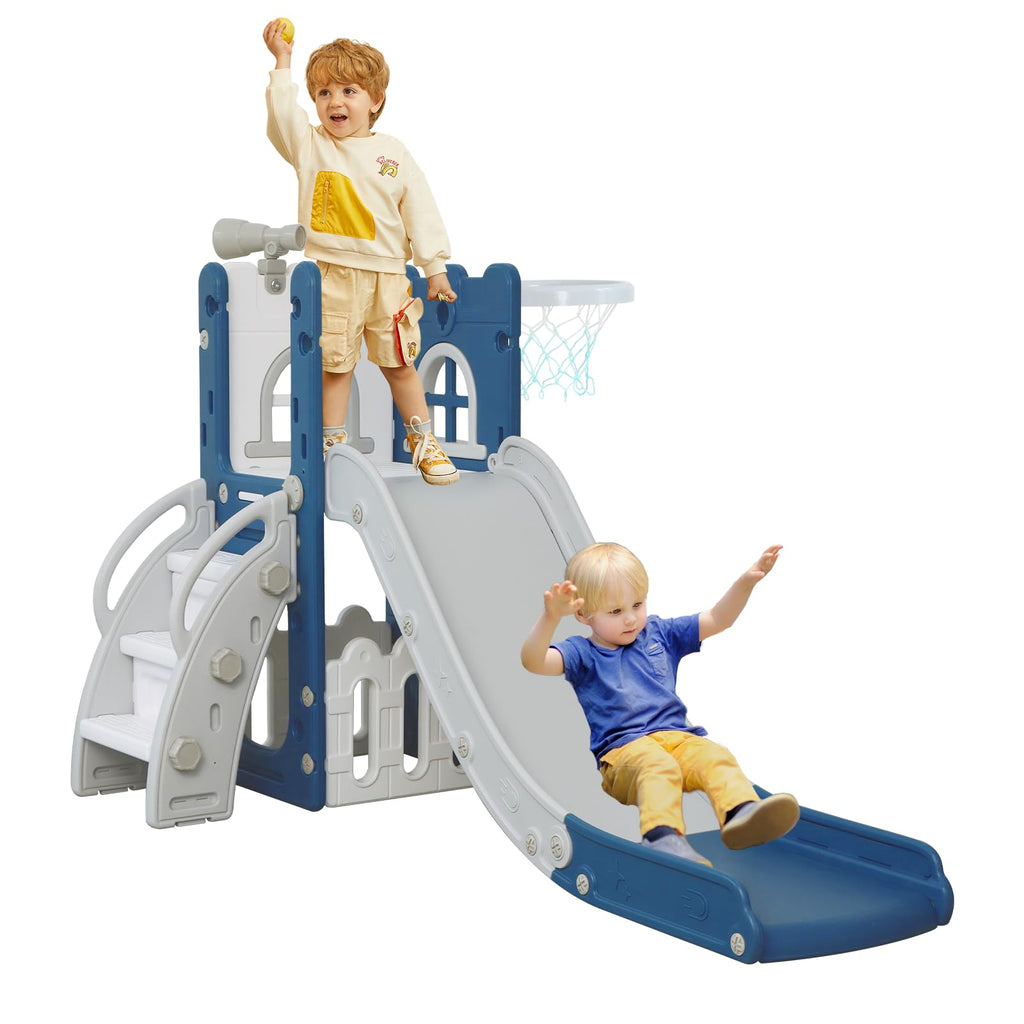6-in-1 Toddler Slide Play Set for Ages 1–3,Multi-Functional Indoor Outdoor Kids Slide with Basketball Hoop&Telescope,L-Shaped Children Slidem,Grey