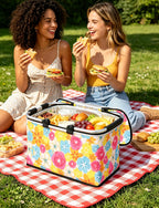 32L Insulated Picnic Basket, Flower Insulated Collapsible Picnic Cooler Basket with Lid & 2 Handles, for Camping, Travel, Grocery & Food Delivery