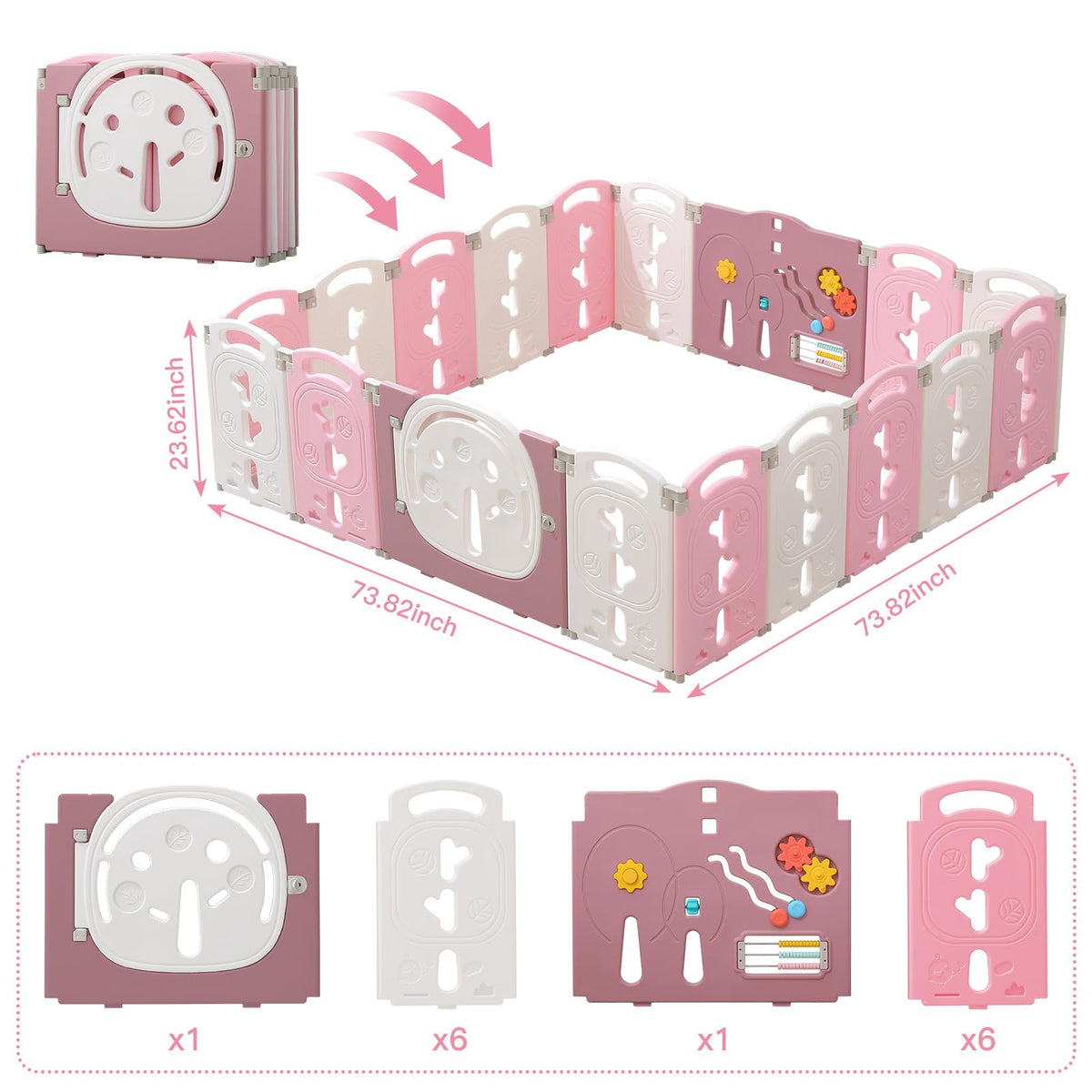18-Panel Portable Plastic Playpen,Safe Activity Fence for Toddlers,Pink