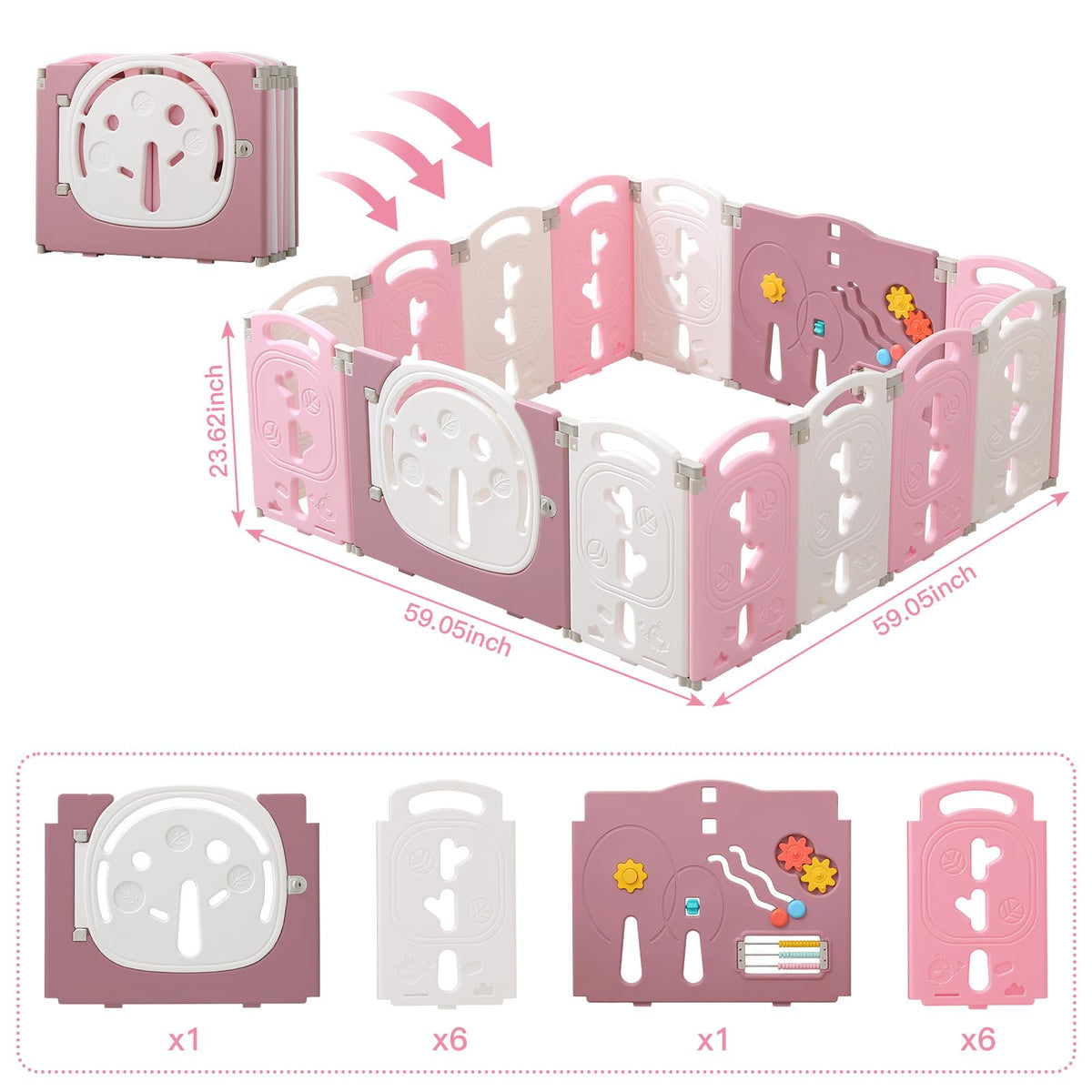 14-Panel Portable Plastic Playpen,Safe Activity Fence for Toddlers,Pink