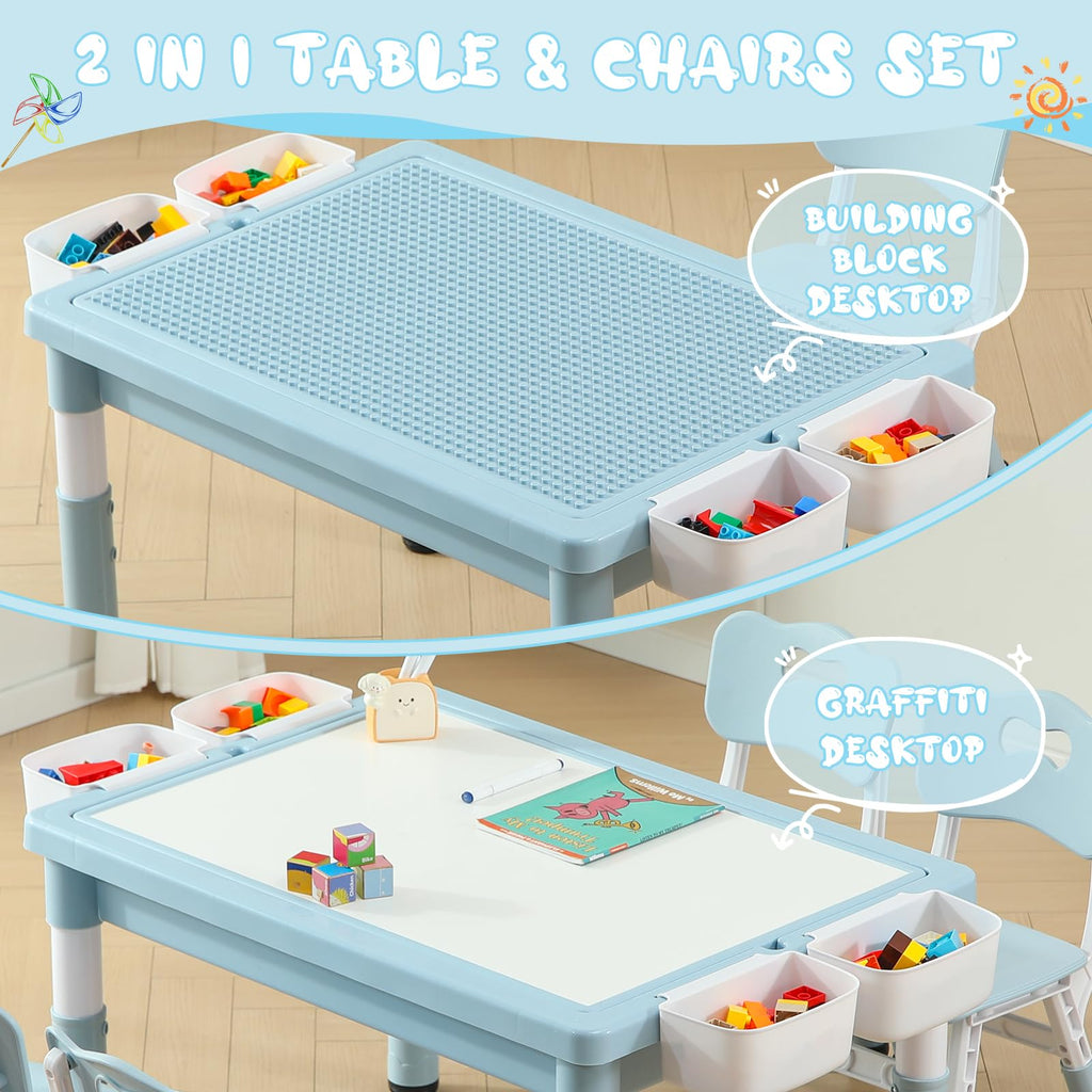 4-in-1 Toddler Activity Table with 2 Chairs, Double Sided Tabletop for Graffiti & Building Blocks, Kids Play Set with Four Side Storage Bins,Blue