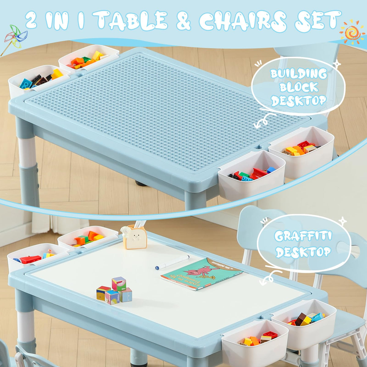 4-in-1 Toddler Activity Table with 2 Chairs, Double Sided Tabletop for Graffiti & Building Blocks, Kids Play Set with Four Side Storage Bins,Blue