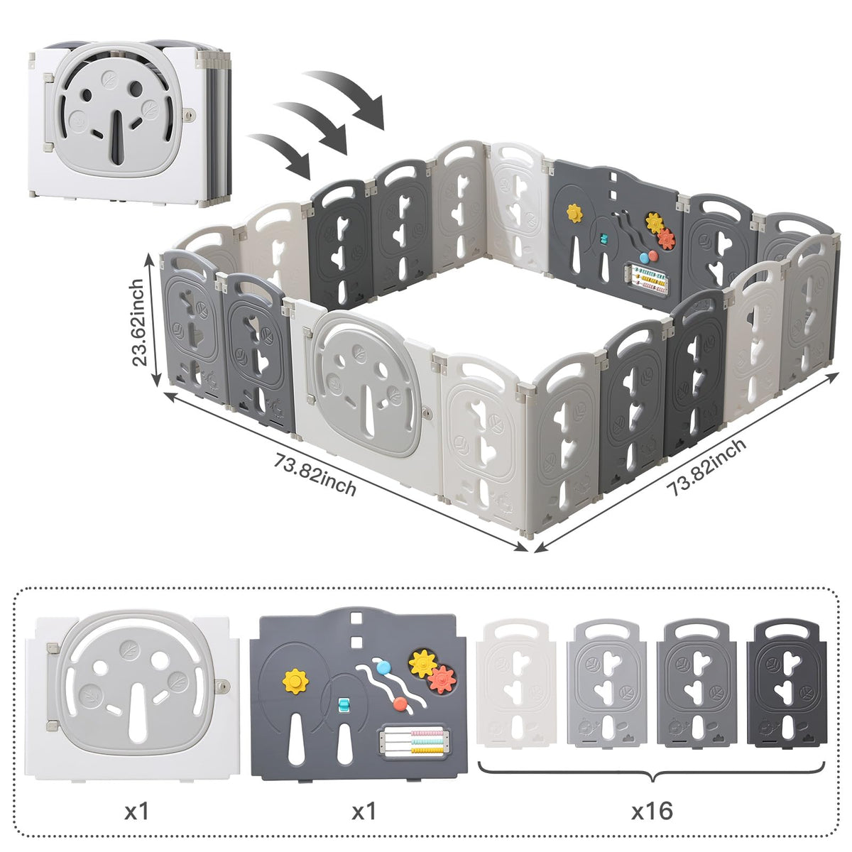 18-Panel Portable Plastic Playpen,Safe Activity Fence for Toddlers,Gray