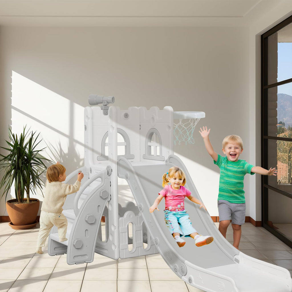 6-in-1 Toddler Slide Play Set for Ages 1–3,Multi-Functional Indoor Outdoor Kids Slide with Basketball Hoop&Telescope,L-Shaped Children Slidem,Grey