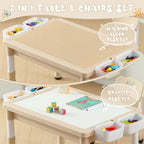 4-in-1 Toddler Activity Table with 2 Chairs, Double Sided Tabletop for Graffiti & Building Blocks, Kids Play Set with Four Side Storage Bins,Brown