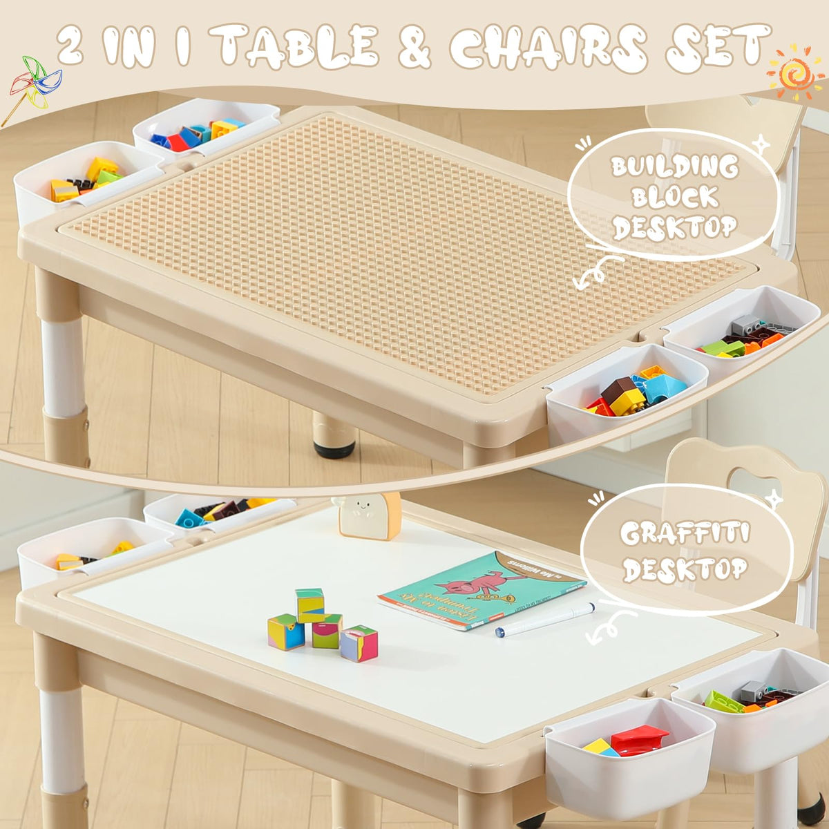 4-in-1 Toddler Activity Table with 2 Chairs, Double Sided Tabletop for Graffiti & Building Blocks, Kids Play Set with Four Side Storage Bins,Brown