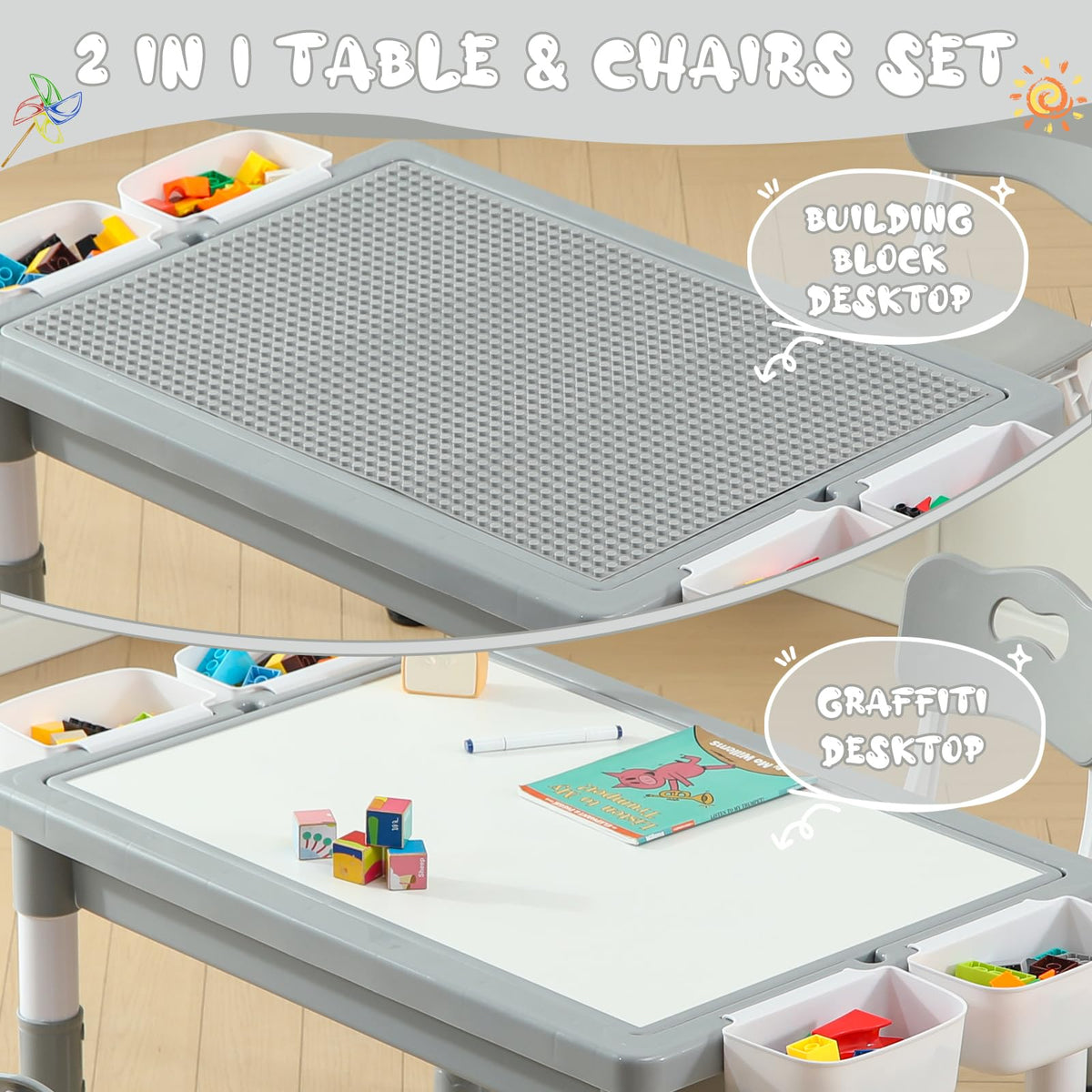 4-in-1 Toddler Activity Table with 2 Chairs, Double Sided Tabletop for Graffiti & Building Blocks, Kids Play Set with Four Side Storage Bins,Gray