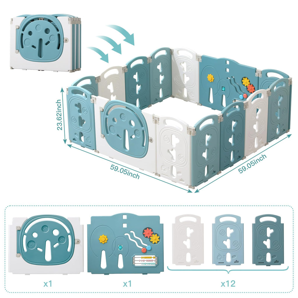 14-Panel Portable Plastic Playpen,Safe Activity Fence for Toddlers,Green