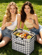 40L Insulated Picnic Basket, Black Plaid Insulated Collapsible Picnic Cooler Basket with Lid & 2 Handles, for Camping, Travel, Grocery & Food Delivery