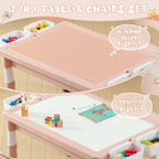 4-in-1 Toddler Activity Table with 2 Chairs, Double Sided Tabletop for Graffiti & Building Blocks, Kids Play Set with Four Side Storage Bins,Pink