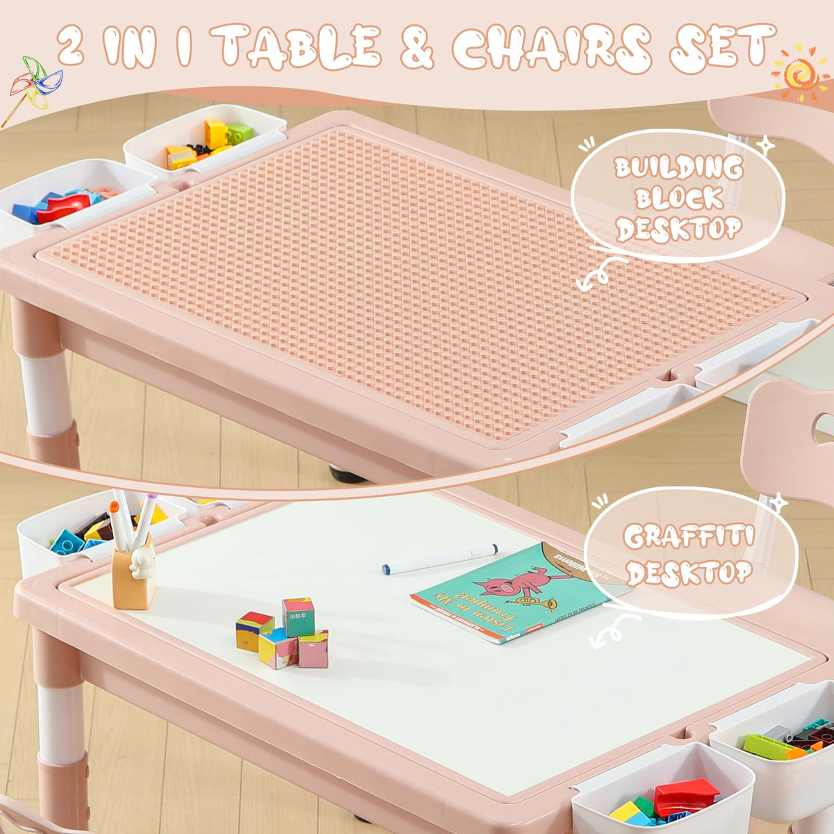 4-in-1 Toddler Activity Table with 2 Chairs, Double Sided Tabletop for Graffiti & Building Blocks, Kids Play Set with Four Side Storage Bins,Pink