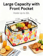 32L Insulated Picnic Basket, Flower Insulated Collapsible Picnic Cooler Basket with Lid & 2 Handles, for Camping, Travel, Grocery & Food Delivery