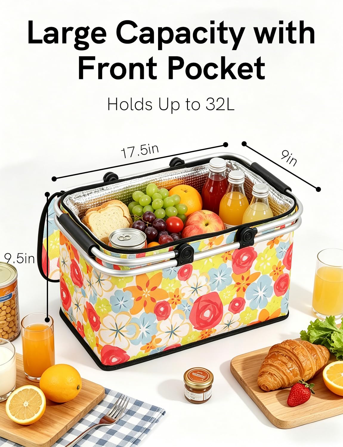 32L Insulated Picnic Basket, Flower Insulated Collapsible Picnic Cooler Basket with Lid & 2 Handles, for Camping, Travel, Grocery & Food Delivery