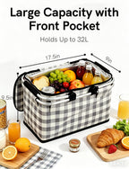32L Insulated Picnic Basket, Black Plaid Insulated Collapsible Picnic Cooler Basket with Lid & 2 Handles, for Camping, Travel, Grocery & Food Delivery