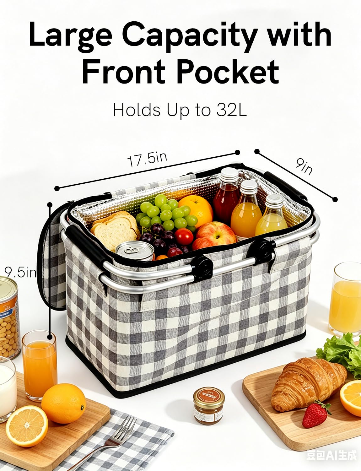 32L Insulated Picnic Basket, Black Plaid Insulated Collapsible Picnic Cooler Basket with Lid & 2 Handles, for Camping, Travel, Grocery & Food Delivery