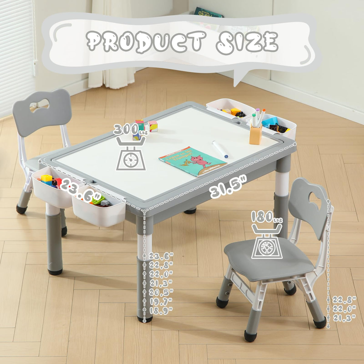 4-in-1 Toddler Activity Table with 2 Chairs, Double Sided Tabletop for Graffiti & Building Blocks, Kids Play Set with Four Side Storage Bins,Gray