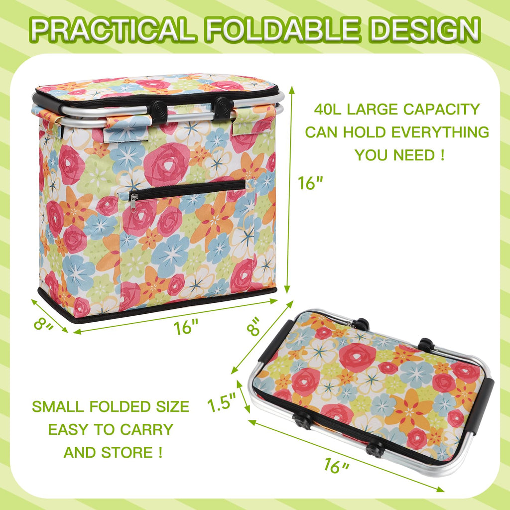 40L Insulated Picnic Basket, Flower Insulated Collapsible Picnic Cooler Basket with Lid & 2 Handles, for Camping, Travel, Grocery & Food Delivery