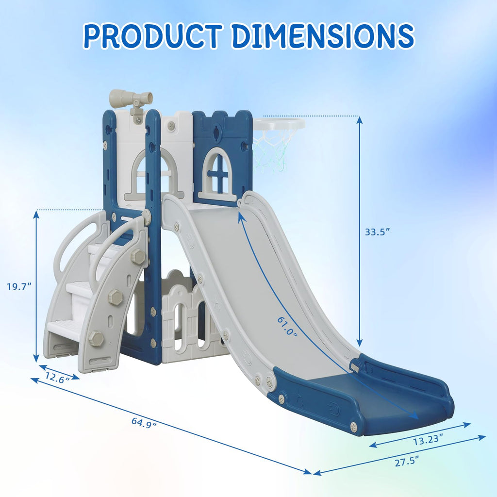 6-in-1 Toddler Slide Play Set for Ages 1–3,Multi-Functional Indoor Outdoor Kids Slide with Basketball Hoop&Telescope,L-Shaped Children Slidem,Blue
