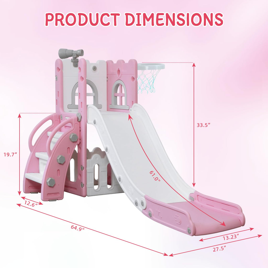 6-in-1 Toddler Slide Play Set for Ages 1–3,Multi-Functional Indoor Outdoor Kids Slide with Basketball Hoop&Telescope,L-Shaped Children Slidem,Pink