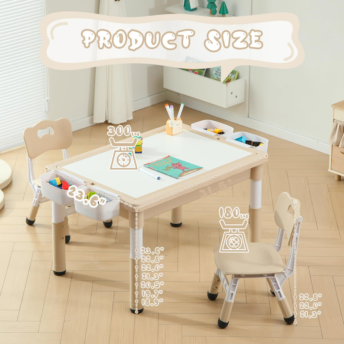 4-in-1 Toddler Activity Table with 2 Chairs, Double Sided Tabletop for Graffiti & Building Blocks, Kids Play Set with Four Side Storage Bins,Brown