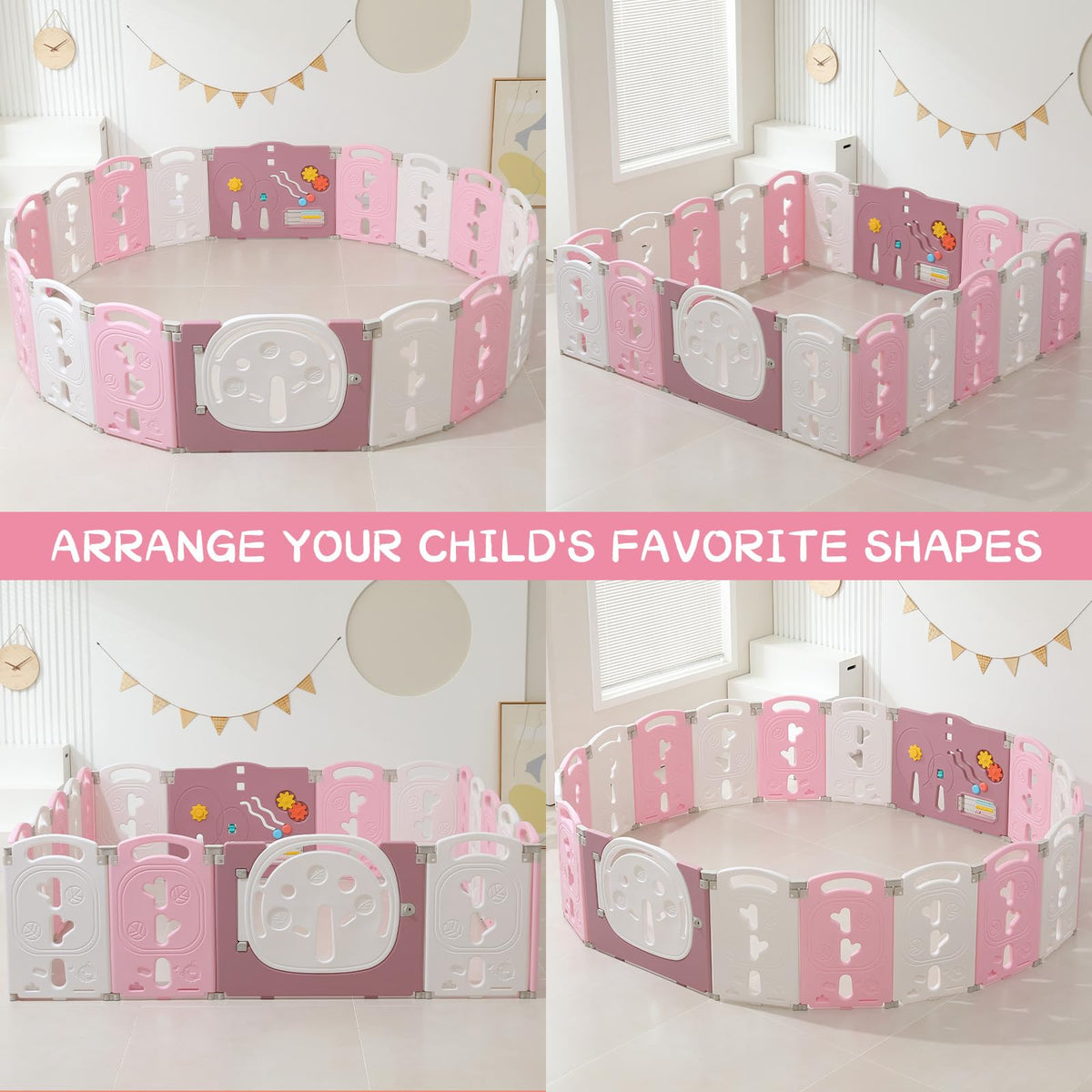 18-Panel Portable Plastic Playpen,Safe Activity Fence for Toddlers,Pink