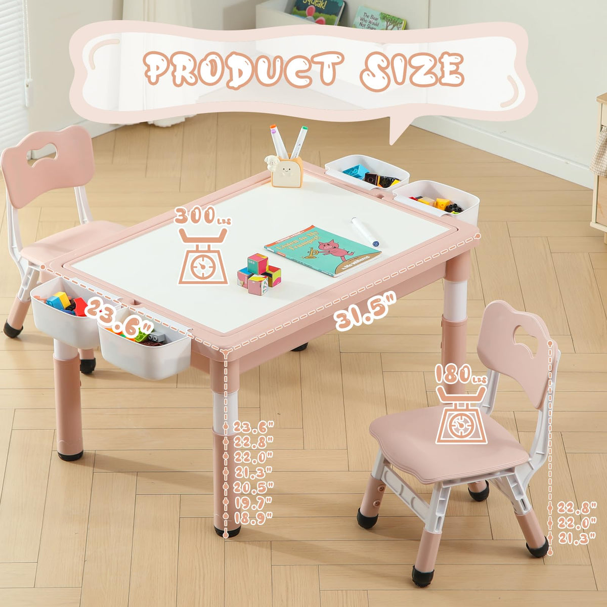 4-in-1 Toddler Activity Table with 2 Chairs, Double Sided Tabletop for Graffiti & Building Blocks, Kids Play Set with Four Side Storage Bins,Pink