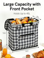 40L Insulated Picnic Basket, Black Plaid Insulated Collapsible Picnic Cooler Basket with Lid & 2 Handles, for Camping, Travel, Grocery & Food Delivery