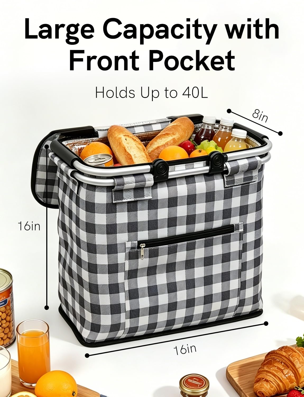 40L Insulated Picnic Basket, Black Plaid Insulated Collapsible Picnic Cooler Basket with Lid & 2 Handles, for Camping, Travel, Grocery & Food Delivery