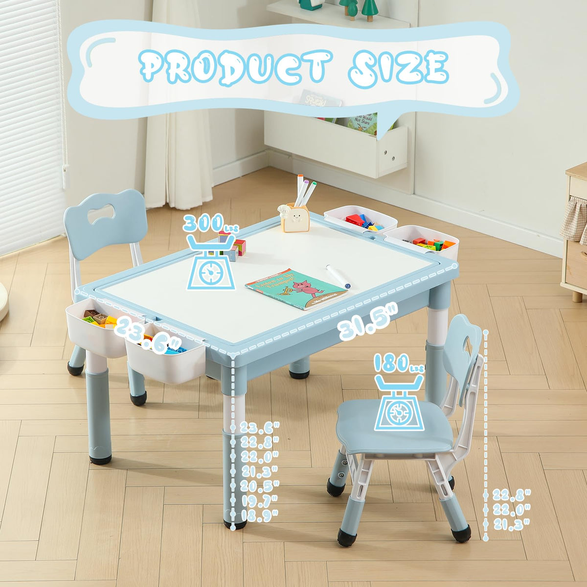 4-in-1 Toddler Activity Table with 2 Chairs, Double Sided Tabletop for Graffiti & Building Blocks, Kids Play Set with Four Side Storage Bins,Blue