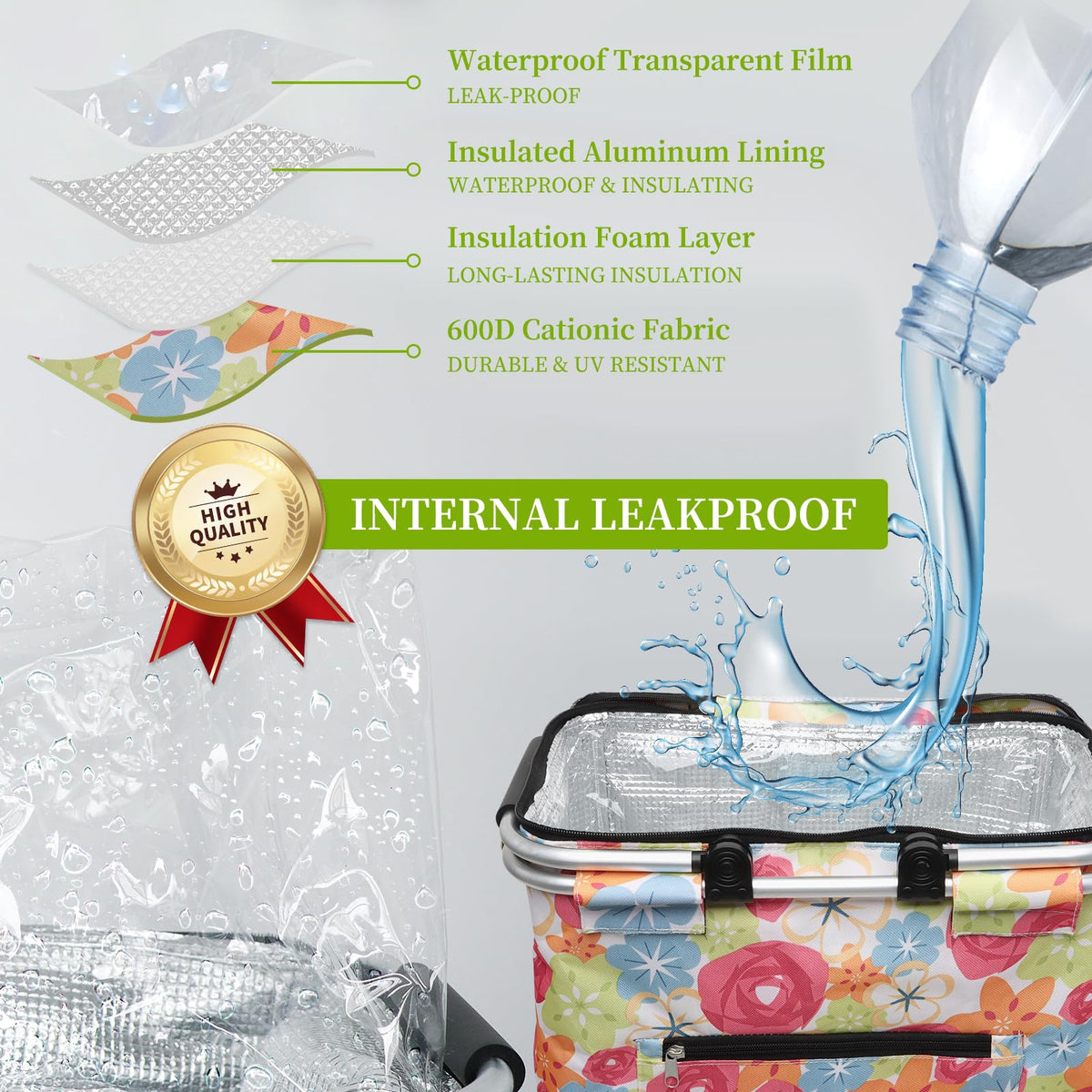 40L Insulated Picnic Basket, Flower Insulated Collapsible Picnic Cooler Basket with Lid & 2 Handles, for Camping, Travel, Grocery & Food Delivery