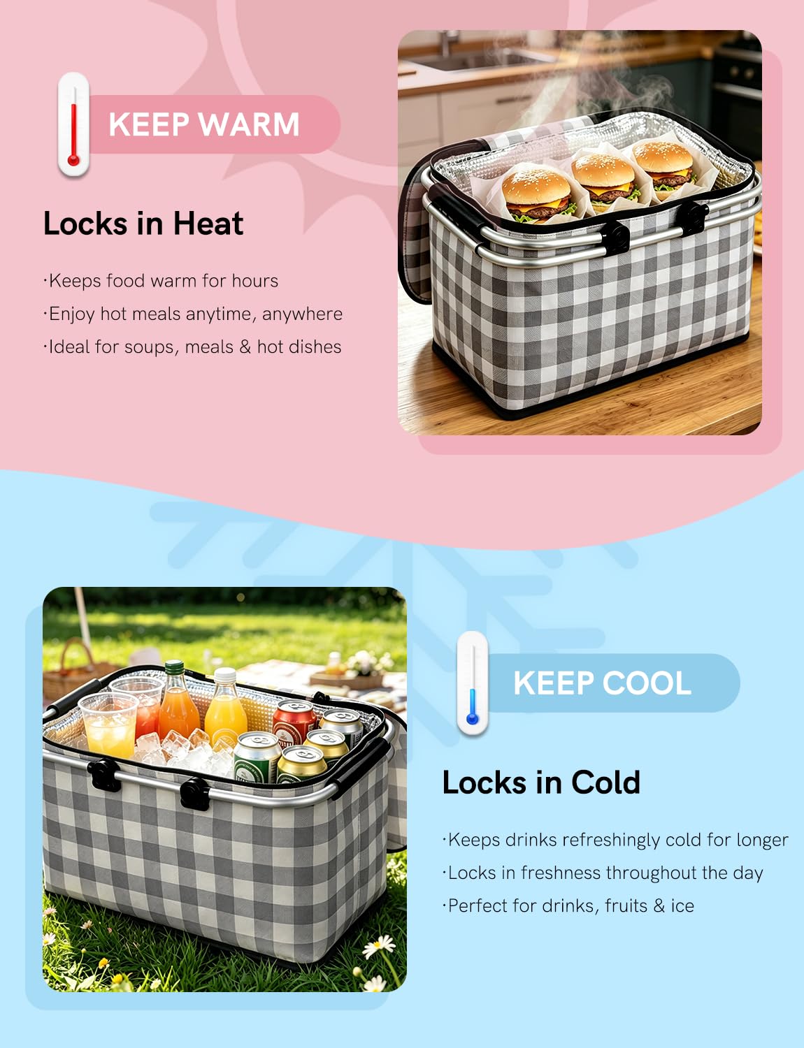 32L Insulated Picnic Basket, Black Plaid Insulated Collapsible Picnic Cooler Basket with Lid & 2 Handles, for Camping, Travel, Grocery & Food Delivery