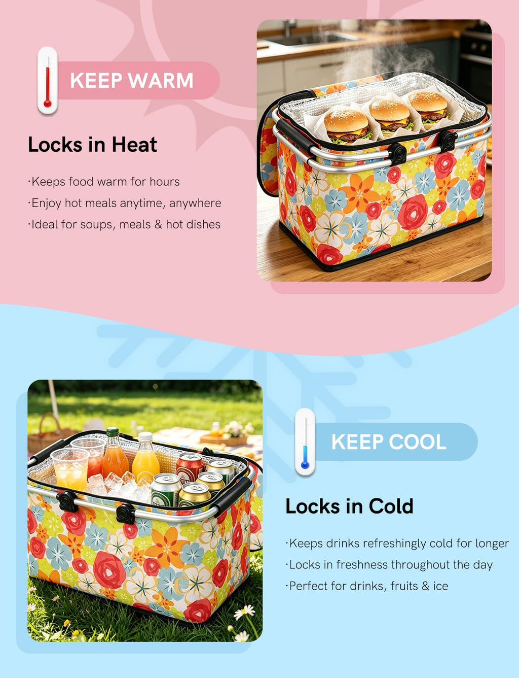 32L Insulated Picnic Basket, Flower Insulated Collapsible Picnic Cooler Basket with Lid & 2 Handles, for Camping, Travel, Grocery & Food Delivery