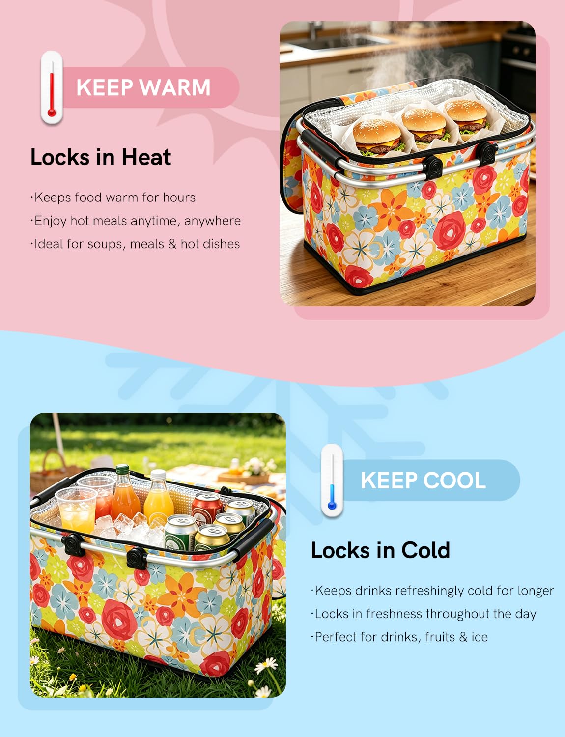 32L Insulated Picnic Basket, Flower Insulated Collapsible Picnic Cooler Basket with Lid & 2 Handles, for Camping, Travel, Grocery & Food Delivery