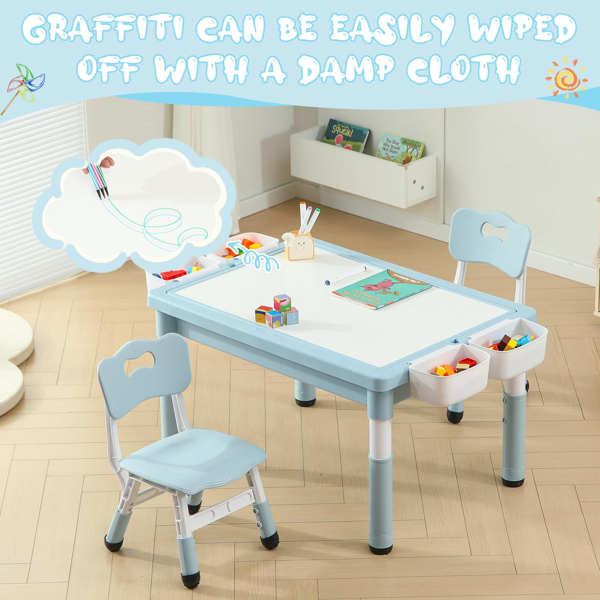 4-in-1 Toddler Activity Table with 2 Chairs, Double Sided Tabletop for Graffiti & Building Blocks, Kids Play Set with Four Side Storage Bins,Blue