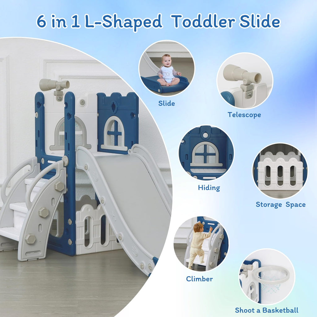 6-in-1 Toddler Slide Play Set for Ages 1–3,Multi-Functional Indoor Outdoor Kids Slide with Basketball Hoop&Telescope,L-Shaped Children Slidem,Blue